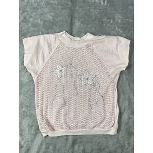 Vintage Shenanigans Blouse Women Large Light Pink Short Sleeve Floral Buttons